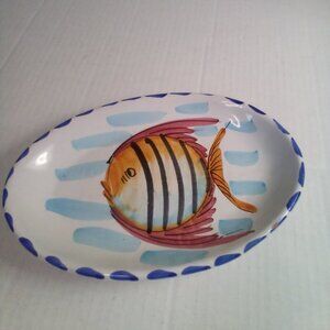 Vietri Oblong Serving Dish Bowl Plate Fish Ocean Italy 10 x 7 x 2 Small Chip